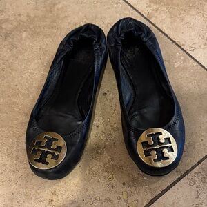 Tory Burch Black Flats with Gold Logo